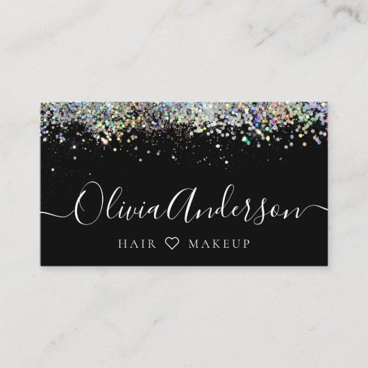 ヘアメイクアップアーティストブラックホログラフィックグリッター 名刺 (正面)