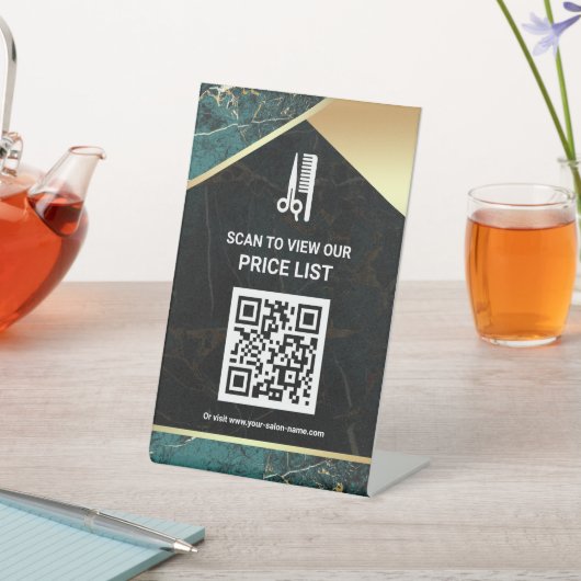 ヘアメイクアップサロンQRコード価格表ティール（緑がかった色）大理石 台座サイン (インサイチュ)