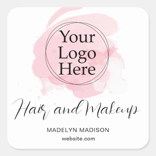 ヘアメイクアップロゴ用ピンクブラシストロークタイポグラフィ スクエアシール (正面)