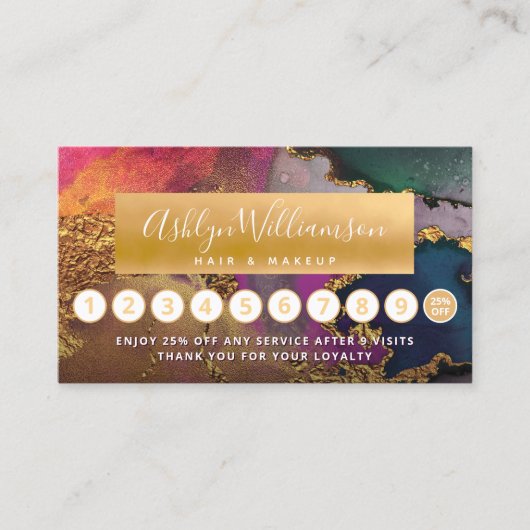 ヘアメイクアップ大理石の水色金ゴールドグリーンホットピンク ロイヤリティカード (正面)
