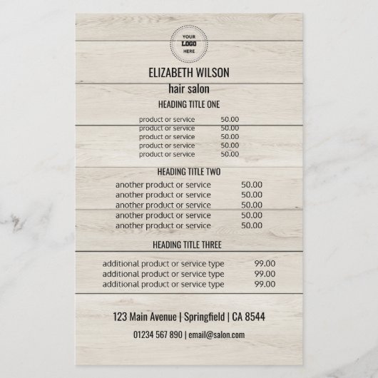 ヘアモダンサロンサービスカード – 木材の背景 チラシ (正面)