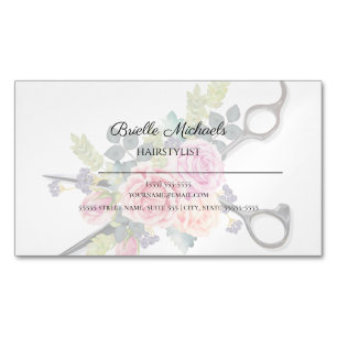 ヘアーカットの鋏を持つヘアスタイリストのソフトフローラ マグネット名刺