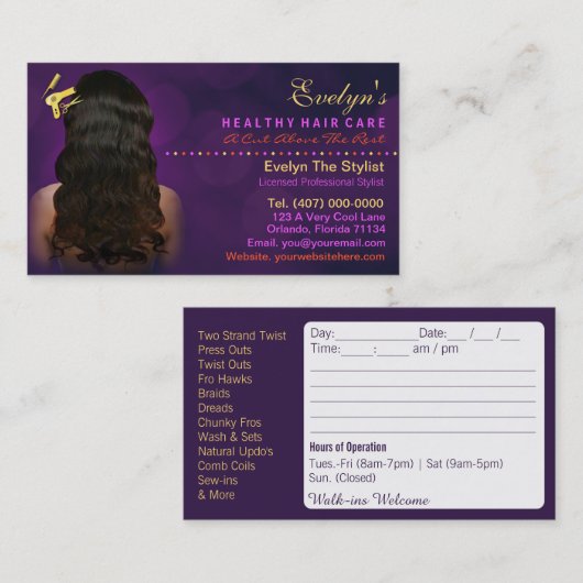 ヘアーサロンのスタイリストのアフリカ系アメリカ人のアポイントメント 予約カード (正面/裏面)