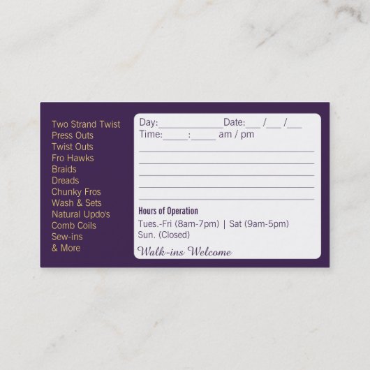 ヘアーサロンのスタイリストのアフリカ系アメリカ人のアポイントメント 予約カード (裏面)