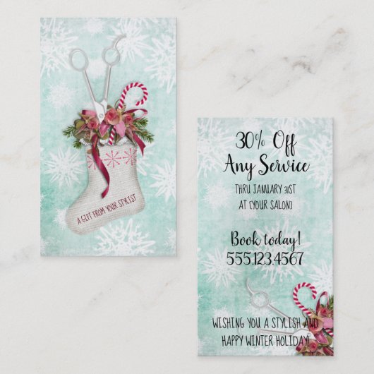 ヘアーサロンのスタイリストの休日のクーポンのギフトカードクリスマス 割引カード (正面/裏面)