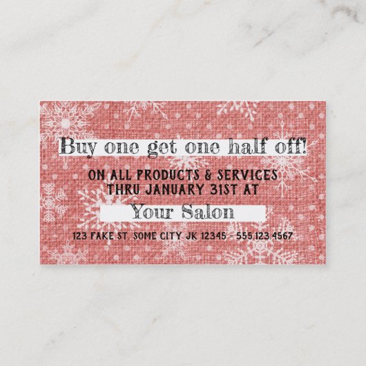 ヘアーサロンのスタイリストの休日のクーポンのギフトカードクリスマス 割引カード (裏面)