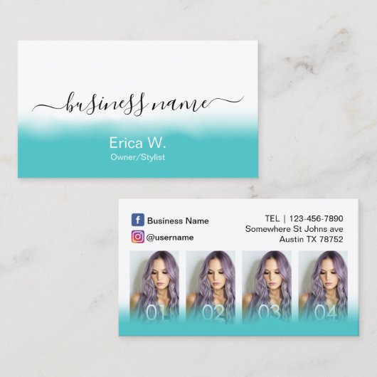 ヘアーサロンのモダンなターコイズの写真のコラージュ 名刺 (正面/裏面)