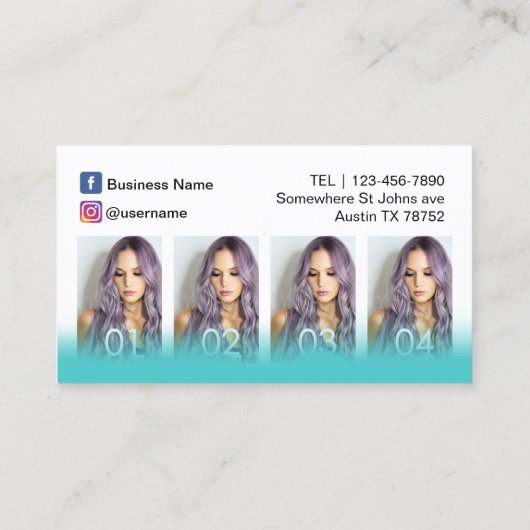 ヘアーサロンのモダンなターコイズの写真のコラージュ 名刺 (裏面)