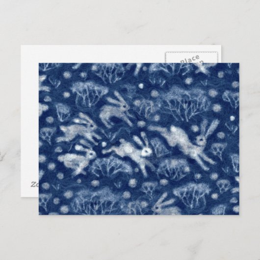 ヘアーズスノーフィールドホワイトウサギ冬の動物ブルー ポストカード (正面/裏面)