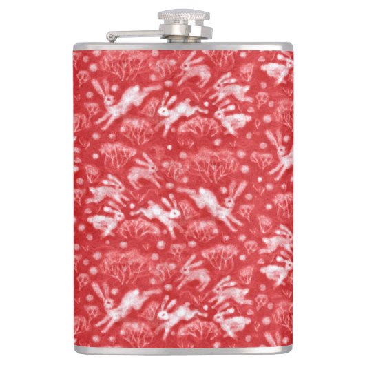 ヘアーズスノーフィールドホワイトウサギ冬の動物レッド フラスク (正面)