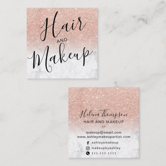 ヘア化粧バラ金ゴールドグリッター大理石ソーシャルメディア スクエア名刺 (正面/裏面)