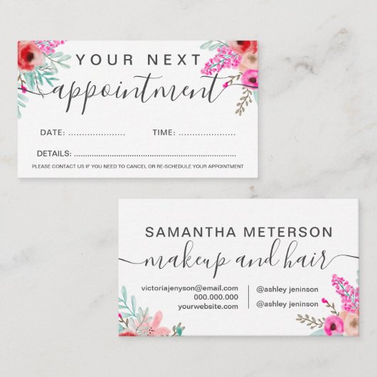 ヘア化粧ミントピンクフローラ水彩文字 予約カード (正面/裏面)