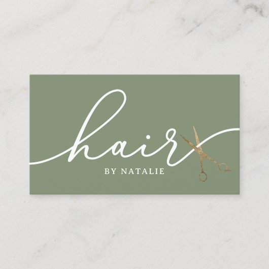 ヘア金ゴールドシザーセージグリーンエレガントタイポグラフィ 名刺 (正面)