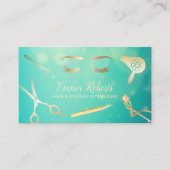 ヘア&まつげエクステンションモダン金ゴールド&ティール（緑がかった色）サロン 名刺 (正面)