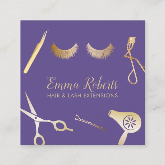 ヘア&まつげモダンエクステンションバイオレット&金ゴールド スクエア名刺 (正面)