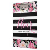 ヘア – ブラック&ホワイトストライプのパターン、フローラブーケ クリップボード (左)