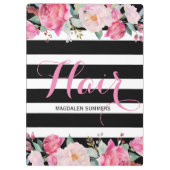 ヘア – ブラック&ホワイトストライプのパターン、フローラブーケ クリップボード (裏面)