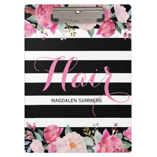 ヘア – ブラック&ホワイトストライプのパターン、フローラブーケ クリップボード (正面)