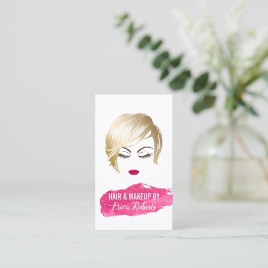 ヘア&メイクアップアーティストガール&ピンクの口紅ステイン 名刺 (スタンド正面)