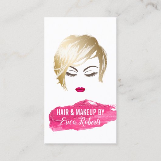 ヘア&メイクアップアーティストガール&ピンクの口紅ステイン 名刺 (正面)