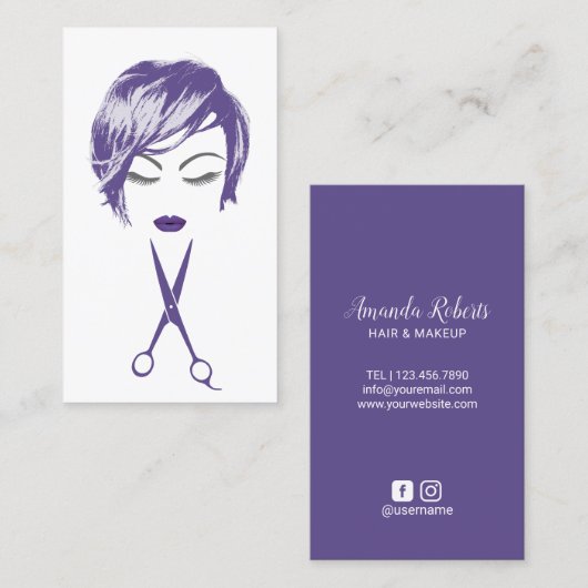 ヘア&メイクアップアーティストバイオレットショートヘアカットの女の子 名刺 (正面/裏面)