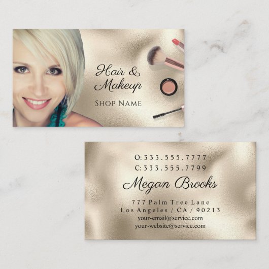 ヘア&メイクアップアーティスト、写真、金ゴールド、Vs 2 名刺 (正面/裏面)