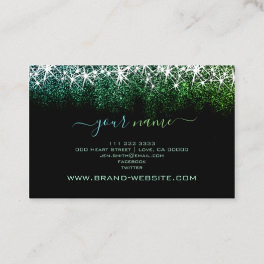 ヘア&化粧スタイリスト発光ティール（緑がかった色）グリッターGlam 名刺 (裏面)