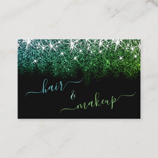 ヘア&化粧スタイリスト発光ティール(緑がかった色)グリッターGlam 名刺 (正面)