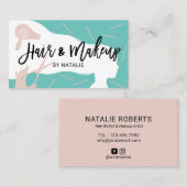 ヘア&化粧美しいサロンティール(緑がかった色)&ピンクタイポグラフィ 名刺 (正面/裏面)