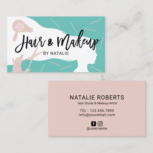 ヘア&化粧美しいサロンティール（緑がかった色）&ピンクタイポグラフィ 名刺 (正面/裏面)