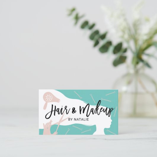 ヘア&化粧美しいサロンティール（緑がかった色）&ピンクタイポグラフィ 名刺 (スタンド正面)