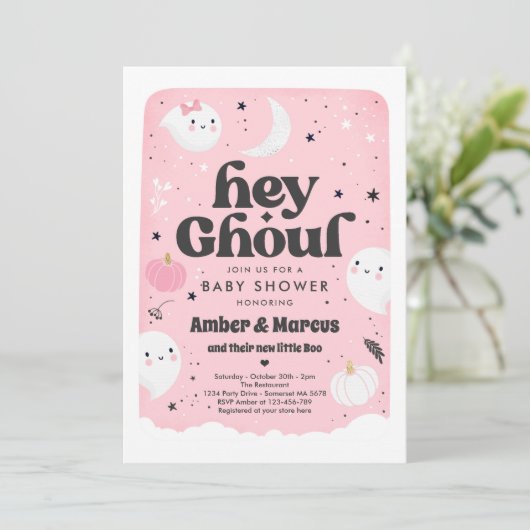 ヘイグールピンクガール幽霊ベイビーシャワー招待状 招待状 (スタンド正面)