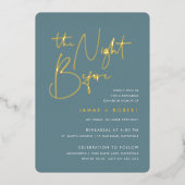 ヘイジーティール(緑がかった色) |スクリプトモダンリハミニマルーサルディナー 箔招待状 (正面)