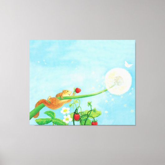 ヘイゼルヤマネ、野生のイチゴ&タンポポ キャンバスプリント (正面)