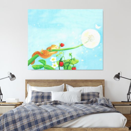 ヘイゼルヤマネ、野生のイチゴ&タンポポ キャンバスプリント (インサイチュ (寝室))