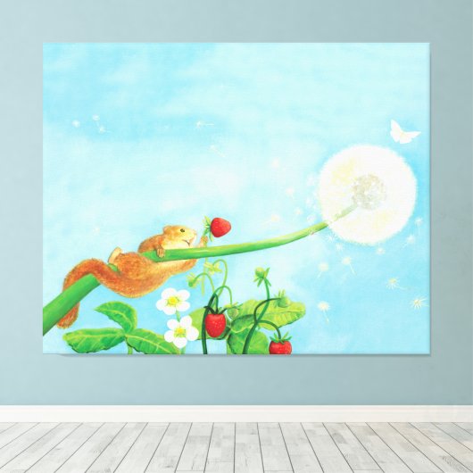 ヘイゼルヤマネ、野生のイチゴ&タンポポ キャンバスプリント (インサイチュ (ウッドフロア))