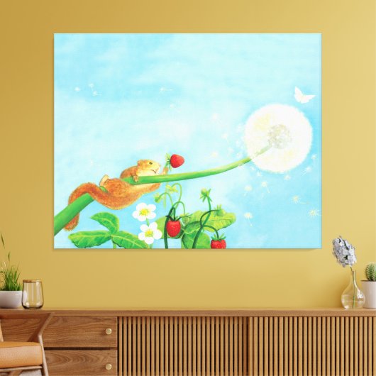 ヘイゼルヤマネ、野生のイチゴ&タンポポ キャンバスプリント (インサイチュ (リビング))