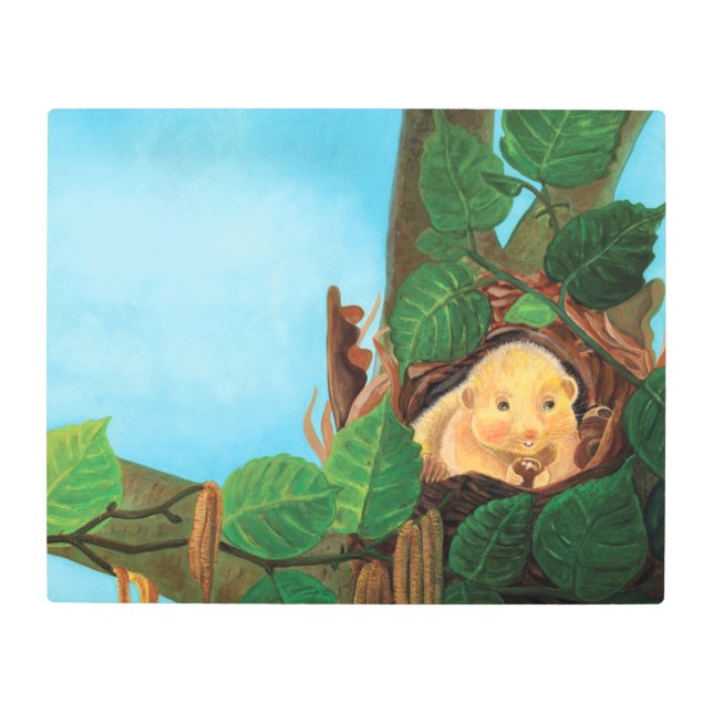 ヘイゼル食べヤマネのヘーゼルナッツ メタルプリント (正面)