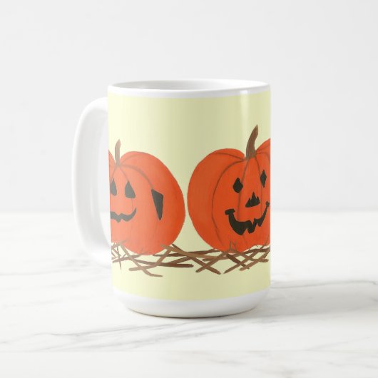 ヘイハロウィーンマグの3つの幸せなカボチャ コーヒーマグカップ (正面左)