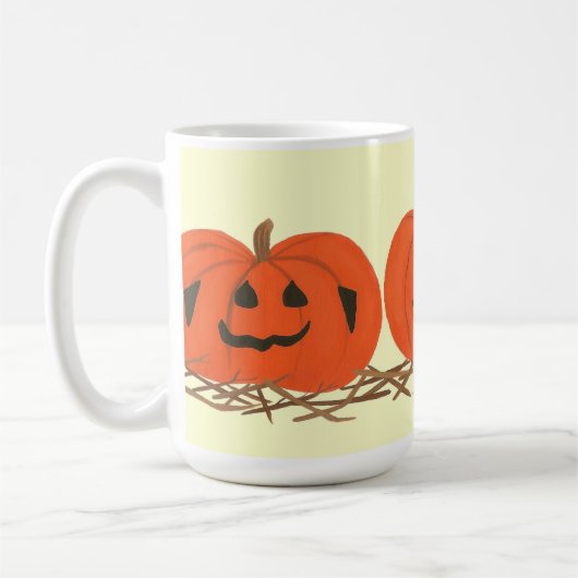 ヘイハロウィーンマグの3つの幸せなカボチャ コーヒーマグカップ (左)