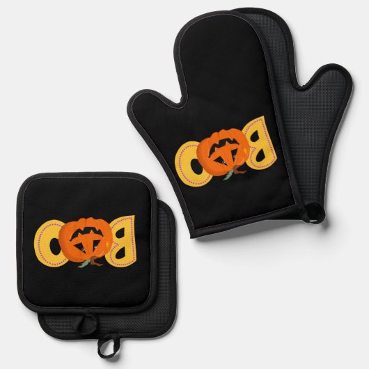 ヘイブカワイカボチャタイポグラフィスケッチアート 鍋つかみ&鍋敷きセット (正面/裏面)