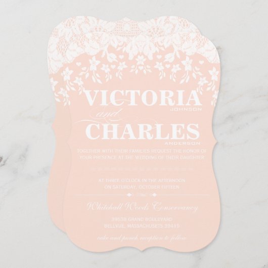 ヘイルームレース素朴バーンドヴィンテージピンク結婚ズ 招待状 (正面/裏面)