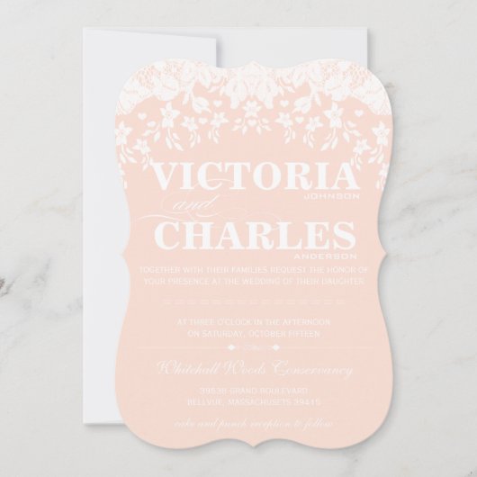 ヘイルームレース素朴バーンドヴィンテージピンク結婚ズ 招待状 (正面)