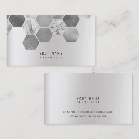 ヘキサゴン幾何学金属性の大理石シルバーグレー 名刺 (正面/裏面)