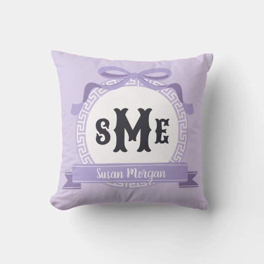 ヘザーパープルリバースギリシャ鍵ボウモノグラム クッション (正面)