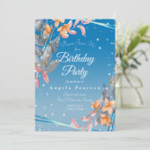 ヘザーブルーの水彩花の誕生日パーティー 招待状 (スタンド正面)