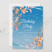 ヘザーブルーウォーターカラーフラワーバースデーパーティー 招待状 (正面)
