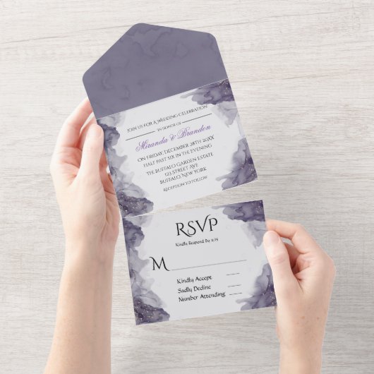 ヘザー金ゴールドグリッターウォーター結婚カラー オールインワン招待状 (貼ってはがせる)