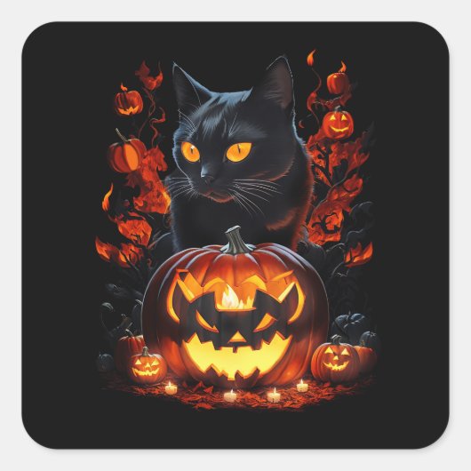 ヘックス、ハロウィーン黒猫Tシャツ スクエアシール (正面)