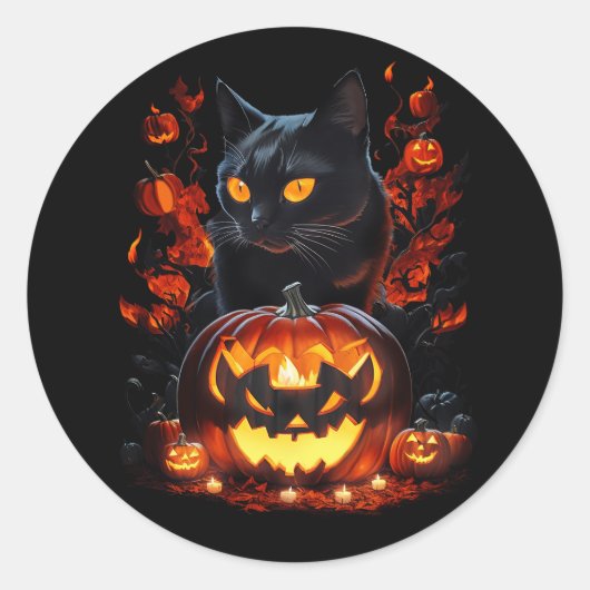 ヘックス、ハロウィーン黒猫Tシャツ ラウンドシール (正面)